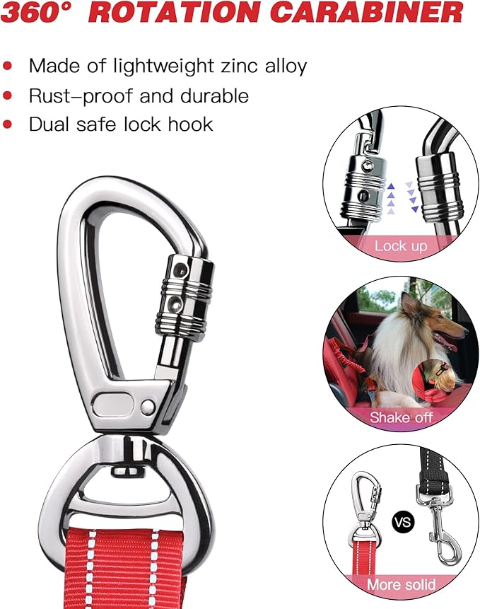 AUBELL Dog Seat Belt for Car,2 Pack Set 3-in-1 Adjustable Reflective Bungee Heavy Duty Dog Car Harness Tether with Clip Hook Latch & Buckle,Swivel Zinc Alloy Carabiner,Black+Red