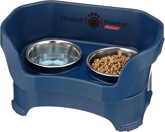 Neater Pet Brands Neater Feeder Deluxe Mess Proof Dog Bowls Elevated for Medium Dogs 19-40 lbs, Made in USA, No Spill Raised Dog Food Bowl Stand Feeding Station, Food and Water Bowl Set, Dark Blue