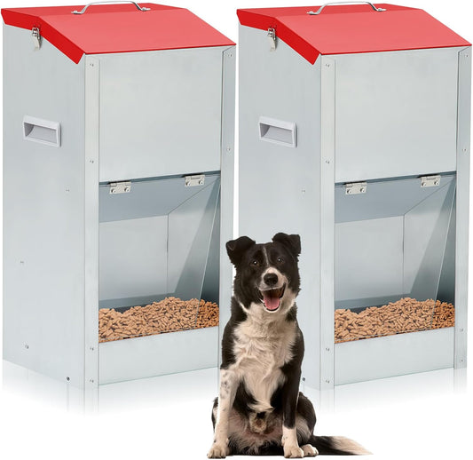 2 Pcs 25 Lbs Large Automatic Dog Feeders with Handle Acrylic Panel Galvanized Gravity Feeder Outdoor Hanging for Doggie Breed Dog Food Dispenser Container(Red)