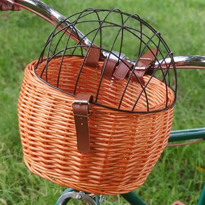 Bike Pet Basket, Wicker Bike Basket for Small Dogs Cats Pet Carrier Front Basket with Wire Mesh Cover and Lid, Wicker Basket for Dogs and Cats, Rattan Storage Basket, 11.81 * 9.84 inch (A)
