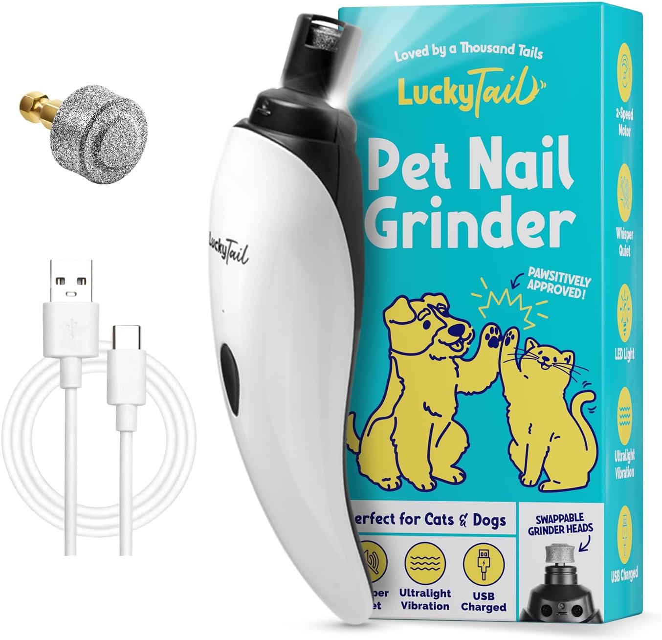 LuckyTail Pet Nail Grinder for Dogs and Cats - Super Quiet and Low Vibration Electric Dog Nail Grinder with 2 LED Lights - USB Rechargeable and Cordless - 2 Speeds - Small to Large Pets