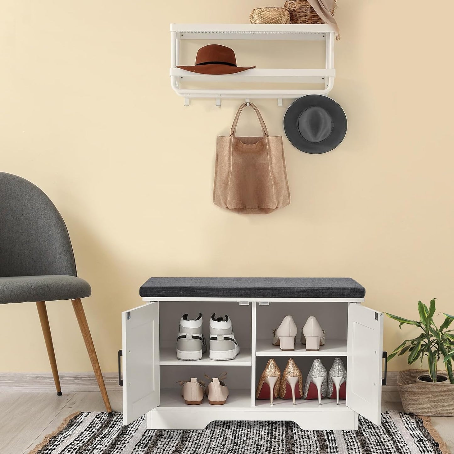 2-Tier Storage Bench, Shoe Bench with Padded Seat Cushion, Entryway Bench with 2 Barn Doors, Adjustable Shelf, 13.8" D x 27.6" W x 17.7" H, for Entryway, Living Room, Bedroom, White