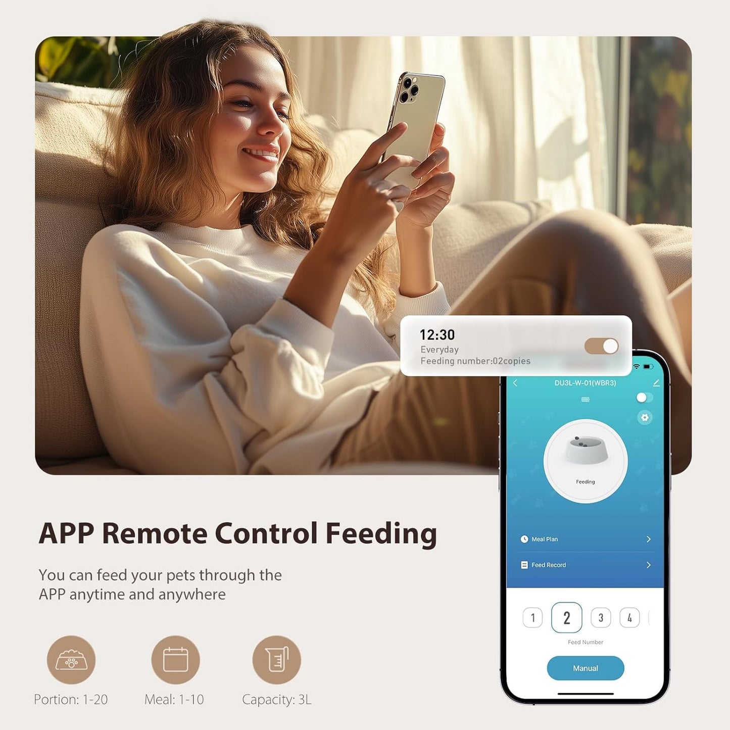 Automatic Cat Feeder, 5G WiFi Cat Food Dispenser with APP Remote Control, Pet Dry Food Smart Feeder, Programmable Timed Feeding, Dual Power Supply, 1-10 Meals Per Day, Stainless Steel Bowl