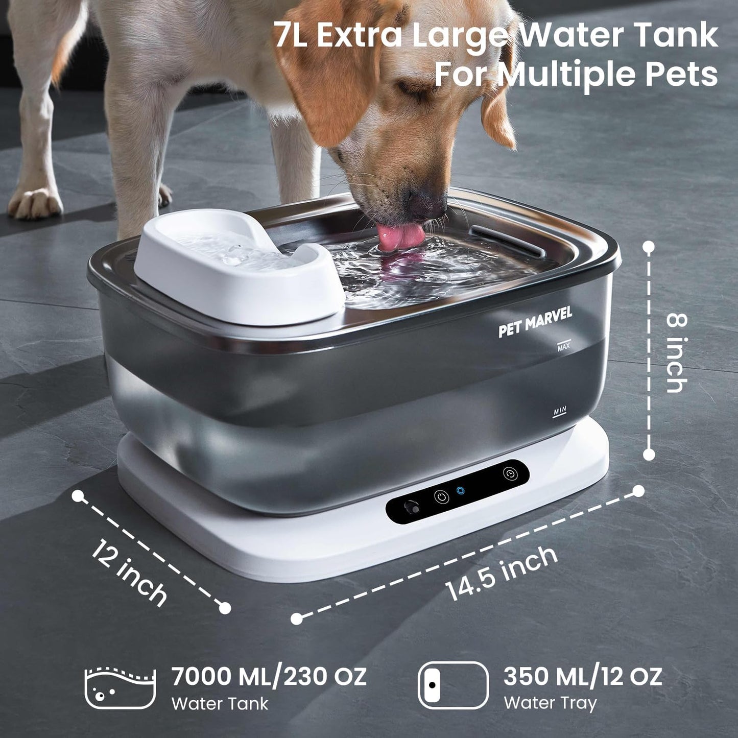 PET Marvel Wireless Sensing Dog Water Fountain for Large Dogs, 7L/1.8Gal/230oz Big Automatic Pet Water Dispenser for Multi Cats, Stainless Steel Filtered Drinking Bowl Wireless Pump F2 V2