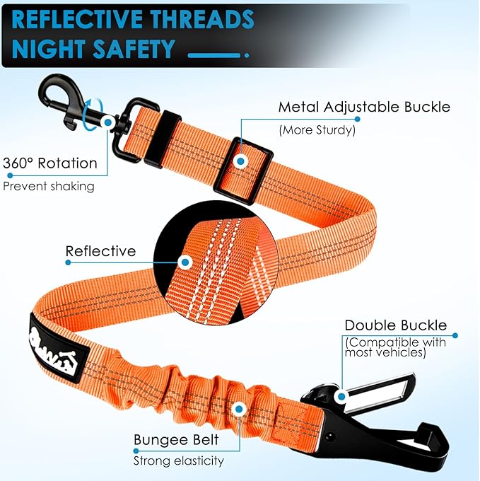 Lukovee Dog Seatbelt Leash for Cars, 2 Pack Pet Safety Car Seat Belt with Adjustable Buckle & Reflective Bungee, Connect Dog Harness in Vehicle Car Dogs Restraint Travel Daily Use (Orange)