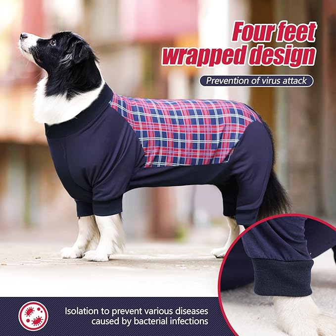 Dog Recovery Suit, Abdominal Wound After Surgery Wear, Anti Licking Bodysuit with Zipper, E-Collar & Cone Alternatives, Plaid Dog Spay Surgical Onesie Prevent Shedding(3XL, Red)