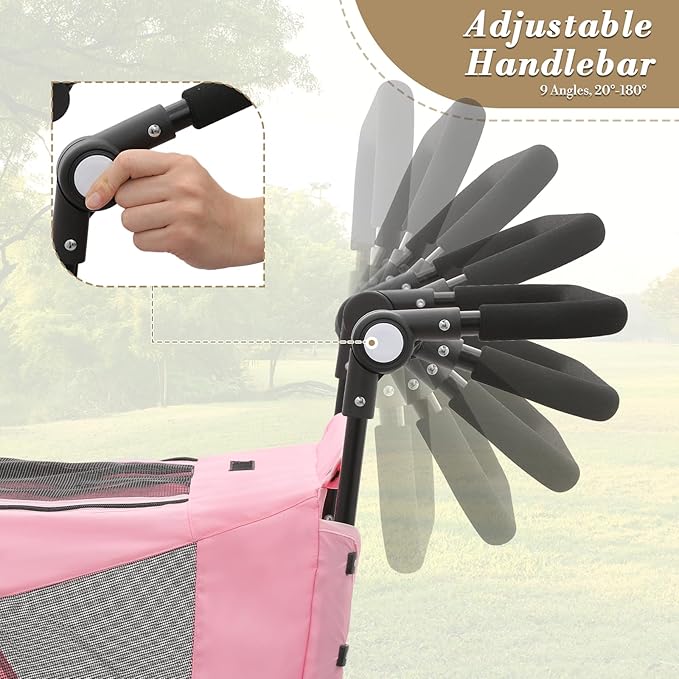 Athena Collection 3 Wheels Pet Stroller Fabric Dog Cart Dog Stroller for Large Dogs 55 Lbs Pet Stroller with Mesh Windows, Zipper Back Pocket, Safety Tether, Angle Adjustable Handlebar, Pink