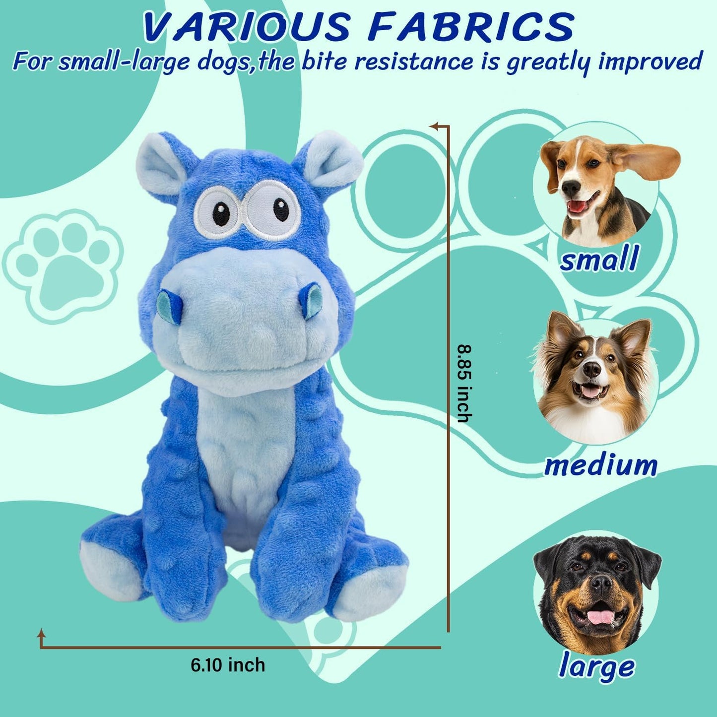 Squeaky Stuffed Dog Toys, Chew Toy for Large Medium Small Breeds, Plush Dog Toys to Keep Them Busy, Puppy Teething Dog Toy, Crinkle Dog Toy (Blue Hippo)