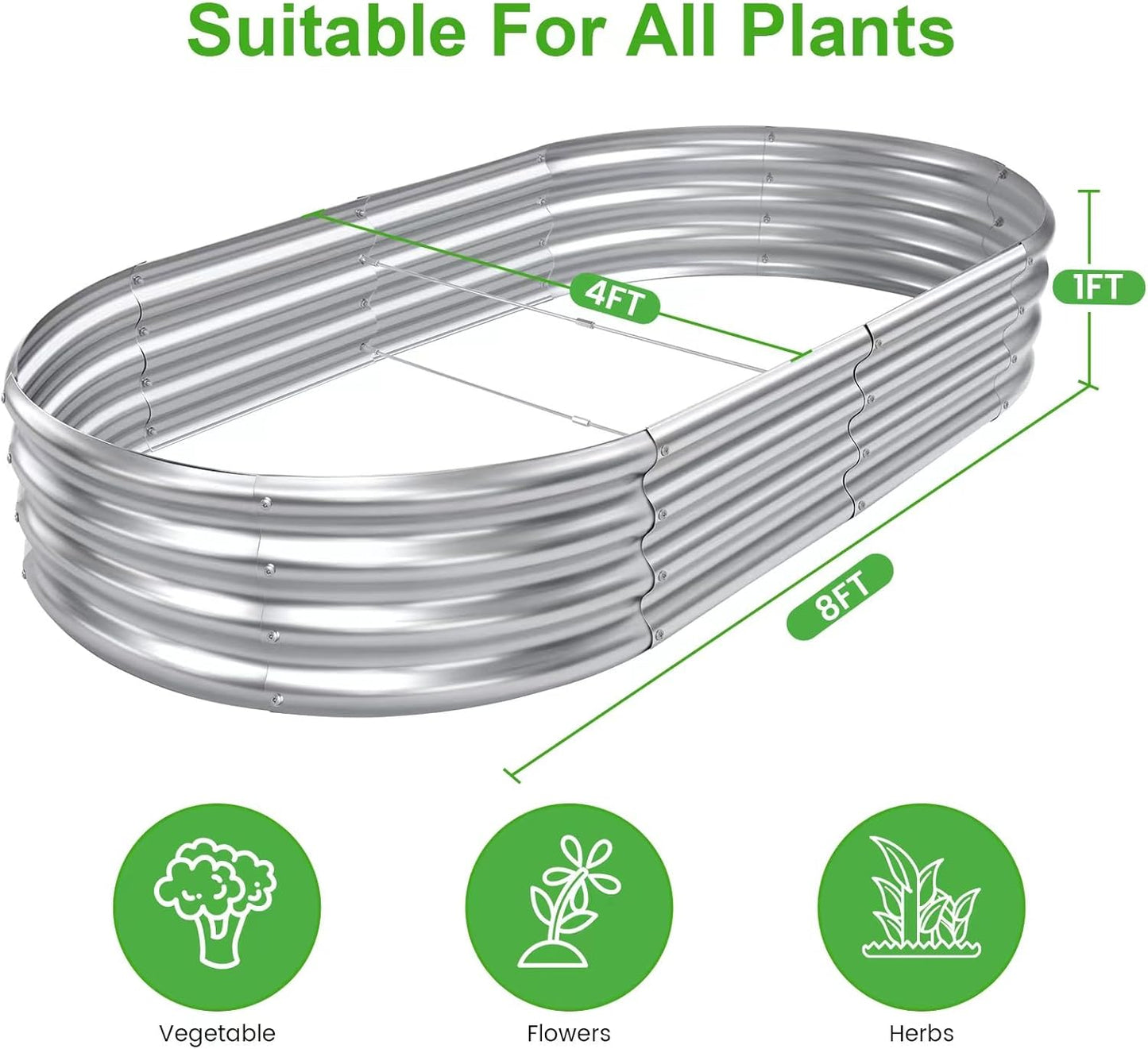 2pack 8×4×1ft Raised Garden Bed，Outdoor Galvanized Planter Boxes, Oval Large Metal Raised Garden Beds for Vegetables