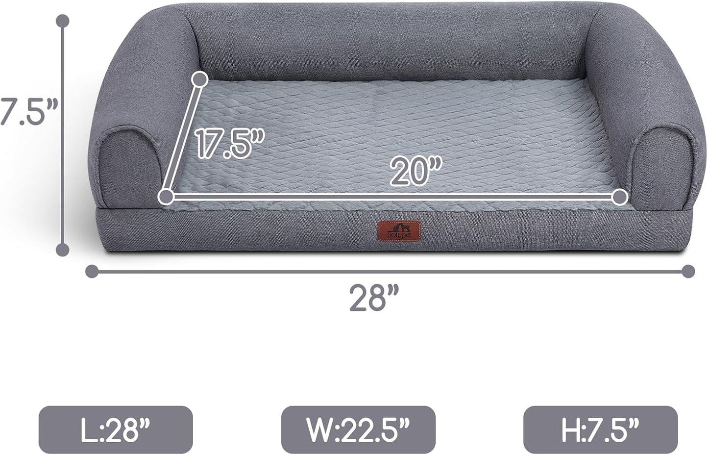 Hollypet Orthopedic Dog Bed for Medium Dogs, Supportive Foam Pet Couch with Removable Washable Cover and Non-Slip Bottom, Waterproof Lining Dog Sofa Bed, Gray, M (28 * 22.5 * 7.5)