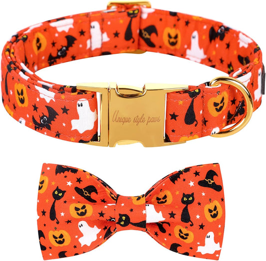 Unique style paws Halloween Dog Collar with Bow Tie Cotton Adjustable Puppy Collar for Small Medium Large Dogs-XL