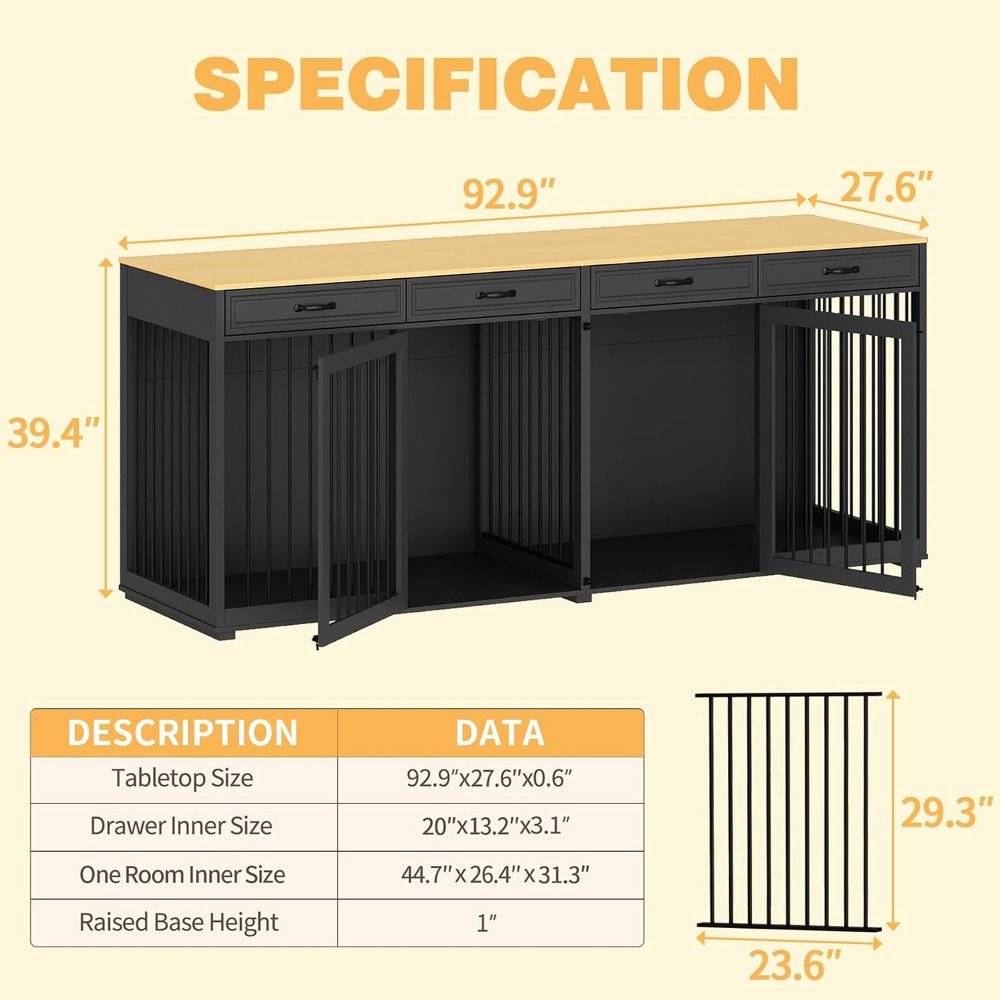 Extra Large Dog Crate with Double Rooms, 93" Heavy Duty Wooden Dog Cage Furniture Dog Crate Kennel w/Drawers & Removable Divider,Indoor Luxury Dog House for Large Dogs,Black