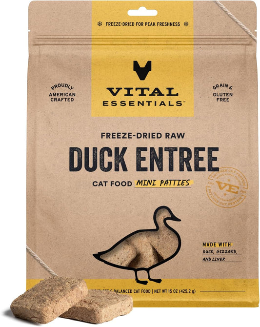 Vital Essentials Freeze-Dried Raw Cat Food, Duck Mini Patties, 15 oz