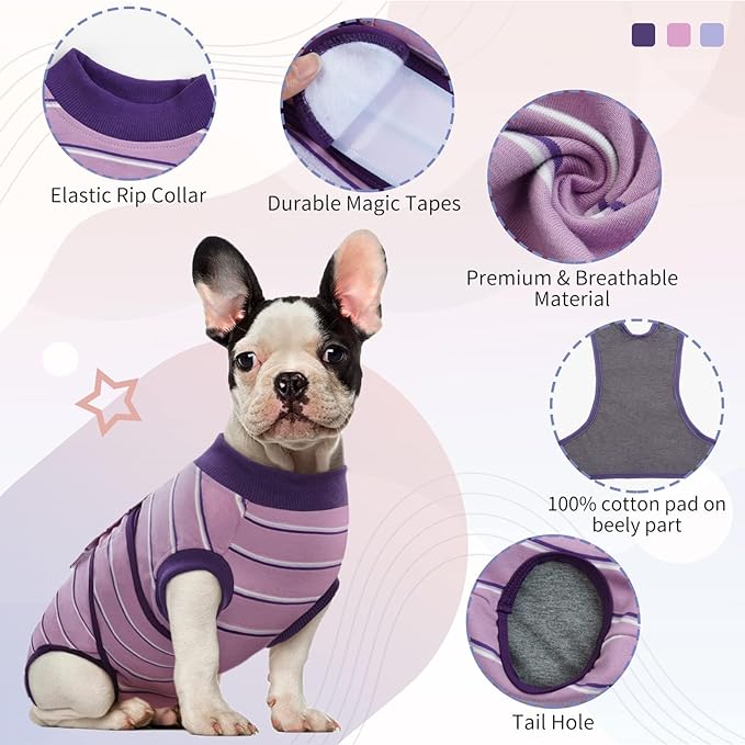 Kuoser Dog Surgery Recovery Suit for Female Male Dogs, Stripes Spay Neuter Anti-Licking Dog Onesie, Abdominal Wounds Surgical Suit Snugly Pet Collar Alternative Post Surgery Vest Bodysuit, Purple 2XL