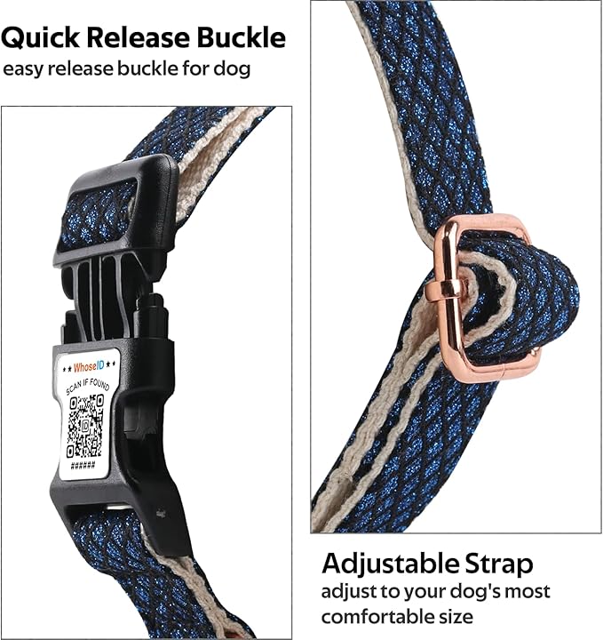 Dog Collar with Waterproof AirTag Holder & Anti-Lost QR Code, Cute Bling Warpping Adjustable Width for Small Medium Large Pet (Blue, L)