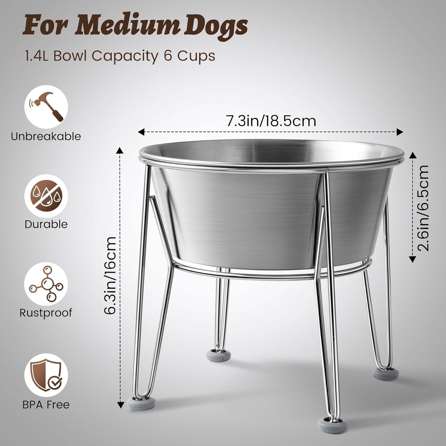 Elevated Dog Bowls for Medium&Small Dogs - Stainless Steel 48oz/6 Cups Raised Feeder with Non-Slip Base, Dual Food & Water Bowls 2-Pack