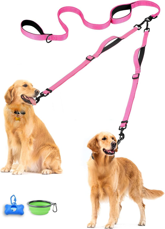 PetBonus Double Dog Leash, No Tangle Dual Leash, Reflective Walking Training Lead, 4 Comfortable Padded Handles for 2 Dogs with Collapsible Bowl and Waste Bags (Pink, Large)