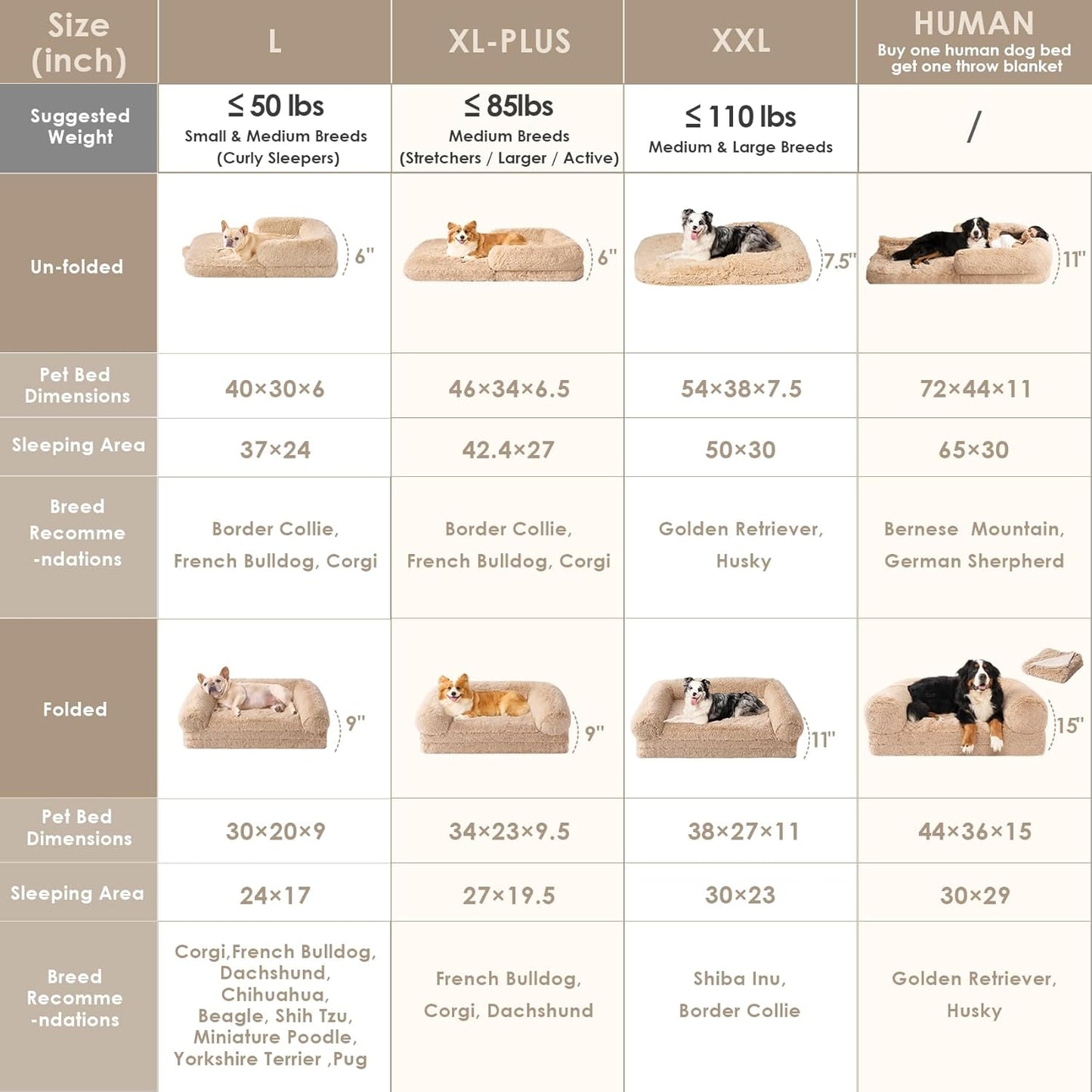 EHEYCIGA Foldable XXL Dog Bed, Faux Fur Fluffy Pet Couch Bed for Extra Large Dogs, Orthopedic Calming Memory Foam Big Pet Bed, Washable Soft Pet Sofa Bed with Non-Slip Bottom, Camel, 54"x38"x7.5"