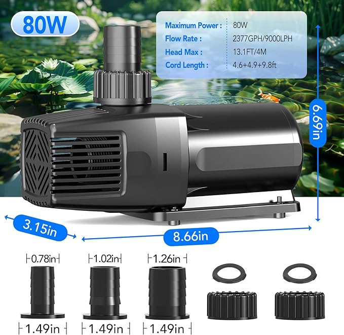 hygger 24V DC Adjustable Aquarium Water Pump & Wavemaker,30dB Quiet Return Pump,10-Speed Flow Control, Dry Run Anti-Block Protection for Freshwater Saltwater Ponds Fountains (80W,2377GPH/9000LPH)