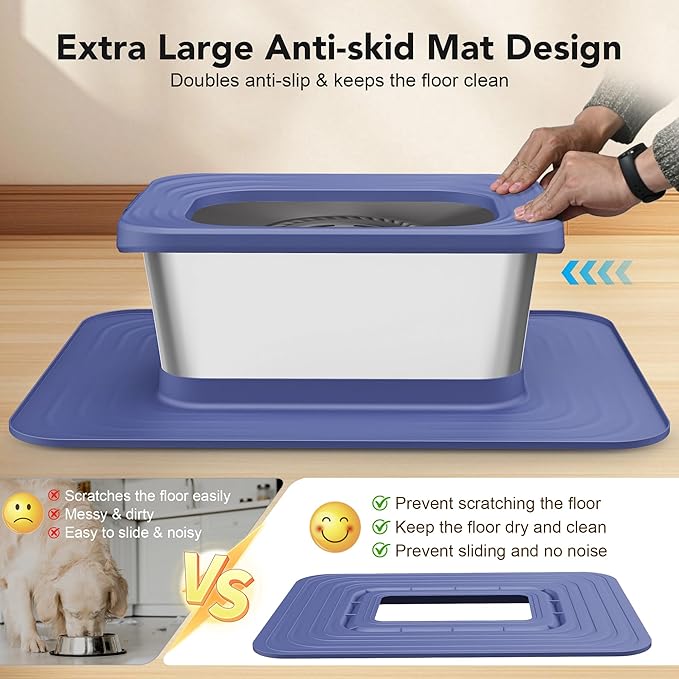 Decflow 10L Stainless Steel Dog Water Bowl, No Spill Anti-Splash Dog Bowls with XXL Silicone Mat, Spill-Proof Slow Feeder for Messy Drinkers, Heavy Duty Pet Bowls for Indoor/Outdoor Use Blue