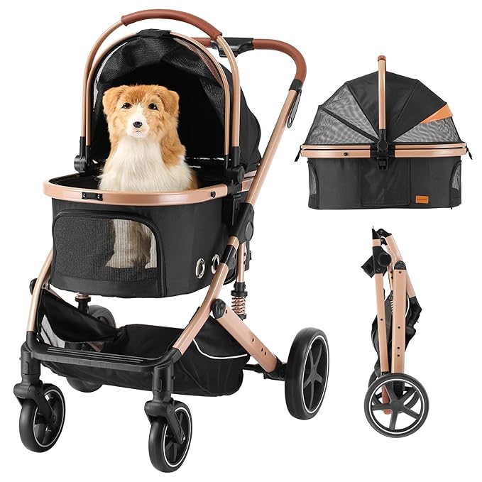 EchoSmile 4 in 1 Pet Stroller, Folding Lightweight Cat & Dog Stroller with Detachable Carrier, NO-Zip 180° Reversible Canopy, All Terrain 4-Wheel,45 lbs Capacity for Small to Medium Dogs