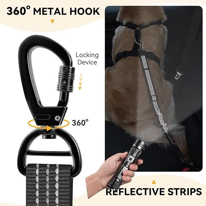 Pawaboo Dog Seatbelt for Car, 3-in-1 Dog Seat Belt Bungee, Shockproof Dogs Tether for Car with Buckle & Hook Latch, Adjustable Reflective Dogs Cars Harness Leash with 360° Lockable Buckle, Black