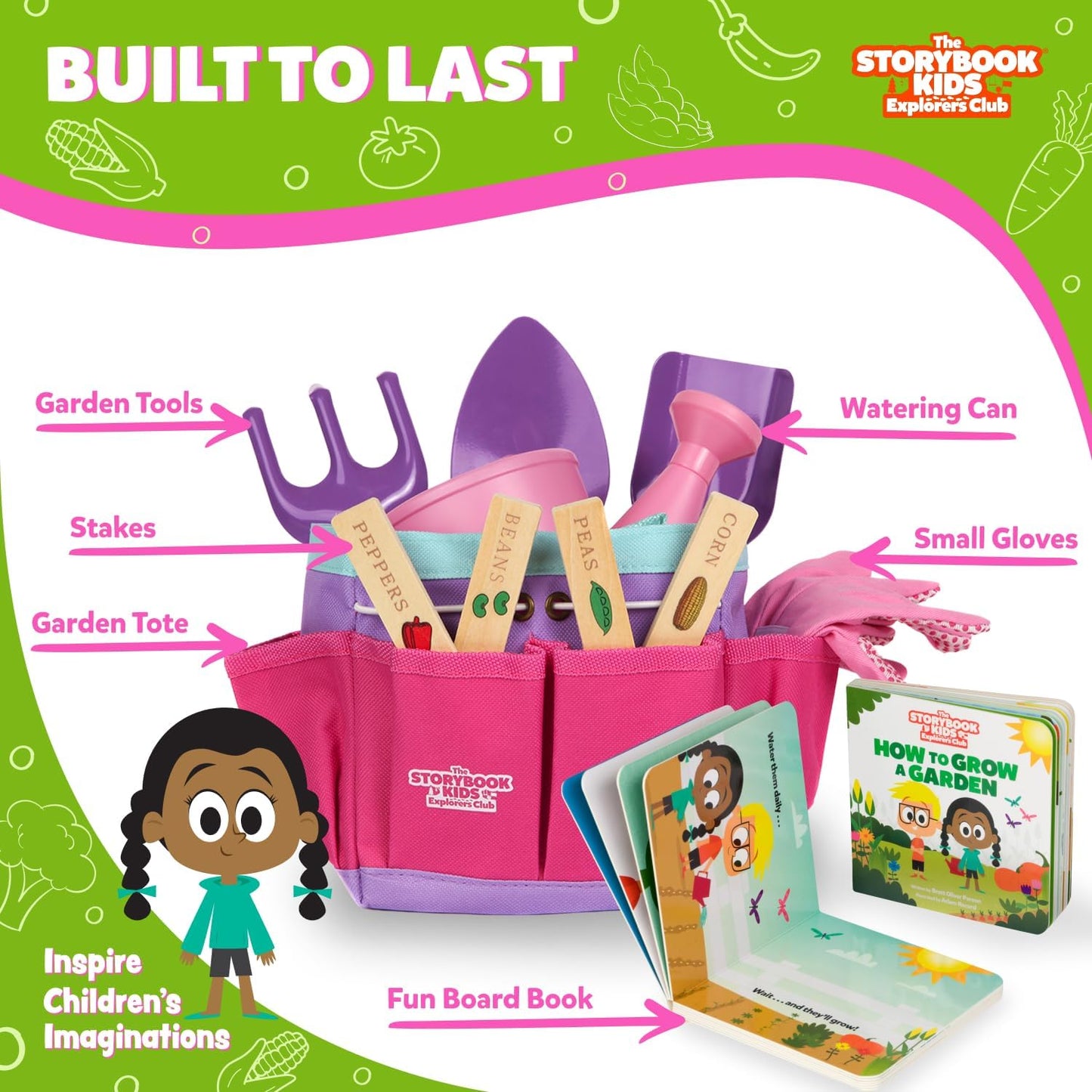 Pink Kids Gardening Tools - includes Sturdy Tote Bag, Watering Can, Gloves, Shovels, Garden Stakes, and a Delightful Children's Book "How to" Garden Tale - Kids Garden Tool set for toddler age on up.