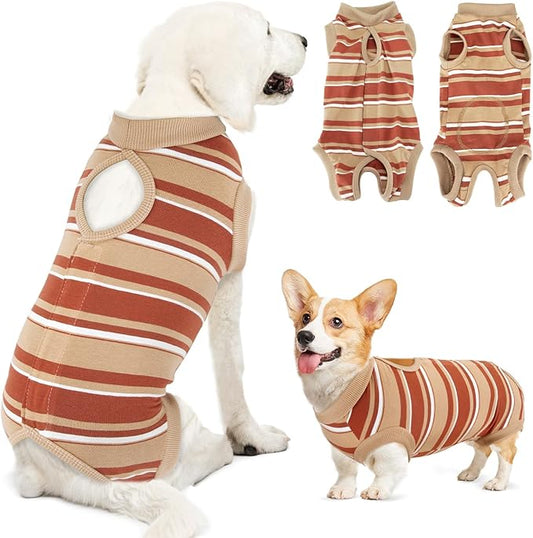 Lukovee Recovery Suit for Dogs, Onesie Surgery Recovery Suit for Female Male Dogs, Abdominal Wounds Cone E-Collar Alternative Prevent Licking Spay Recovery Suit (Brown Stripes,XXL)