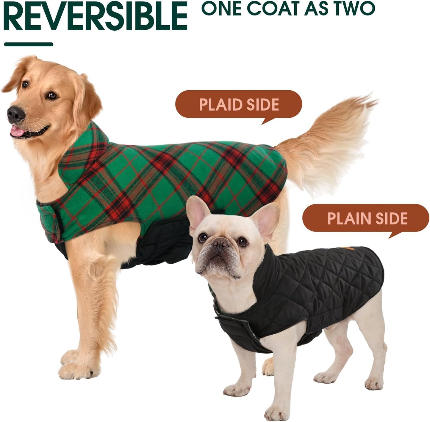 Kuoser Waterproof Dog Coat, Reversible Dog Jacket for Large Dogs, Adjustable Durable Doggie Winter Coat for Groowing Puppies Warm Puppy Cold Weather Apparel, Christmas Green L