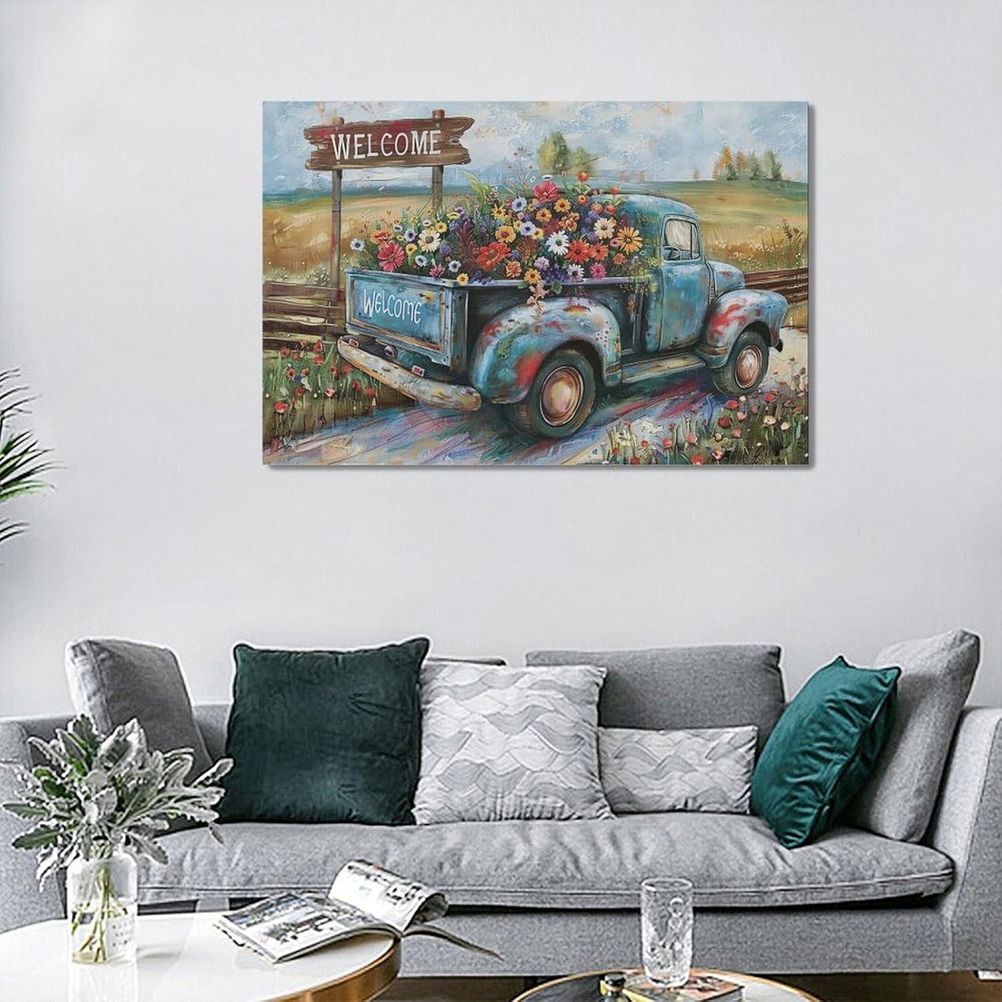 Farmhouse Truck Wall Art Rustic Country Wildflowers Wall Decor Road Flowers Landscape Pictures Canvas Print Painting Artwork for Bathroom Living Room Bedroom 16"x24"