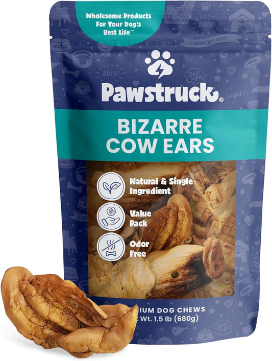 Pawstruck Natural Bizarre Cow Ears Bargain Bag – Rawhide-Free, Highly Digestible, Low Calorie & Long-Lasting Chew Treat for All Breeds – 1.5 lb Bag