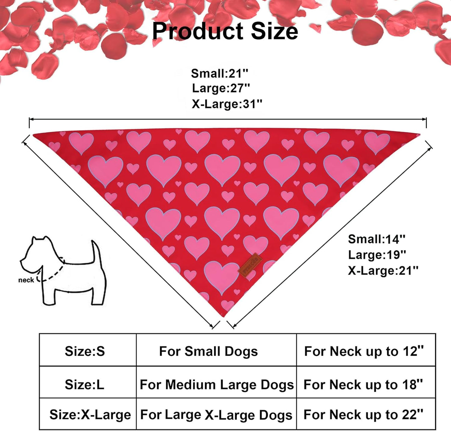 PTDECOR Valentine Dog Bandana, Reversible Valentine Pet Scarf, Multi Size, Red Heart Bandanas for Large X-Large Dogs (X-Large)