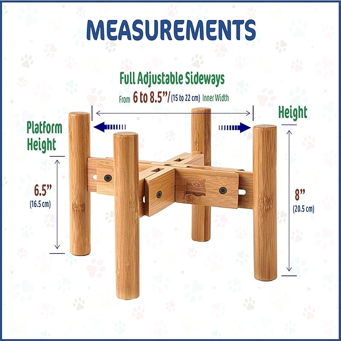 Dog Bowl Stand for Medium Breeds - Raises Bowls to 9-inch High, Ants/Bugs-Off - Adjustable, Fits Various Sizes of Dog Food/Water Bowls and Slow Feeders - Bamboo