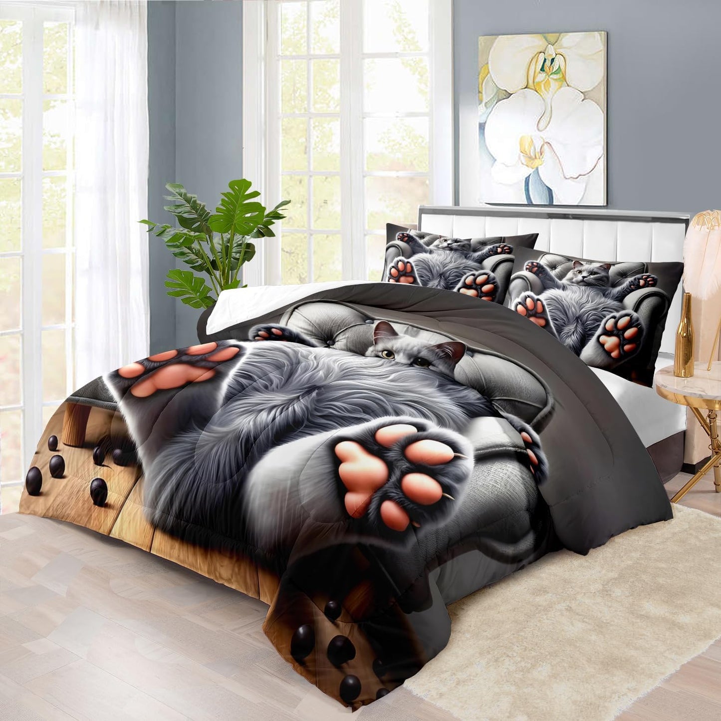 Cute Cat Comforter Set Queen,Grey Kawaii Cat Bedding Set Adult,Cute Animal Comforter for Boy,American Shorthair Bedding Grey,Kawaii Animal Print Quilt Bedroom Decor Kids