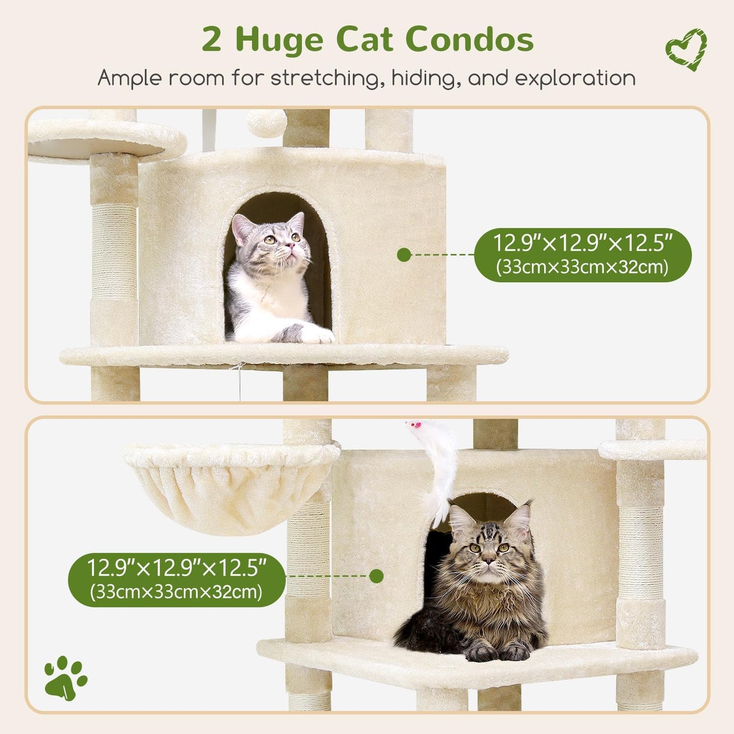 Globlazer Corner Cat Tree for Large Cats, 66inch Tall Curved Series Large Cat Tower for Multiple Indoor Cats with 6 Scratching Posts, 2 Spacious Cat Condos, Hammock, Hanging Basket, C66, Beige