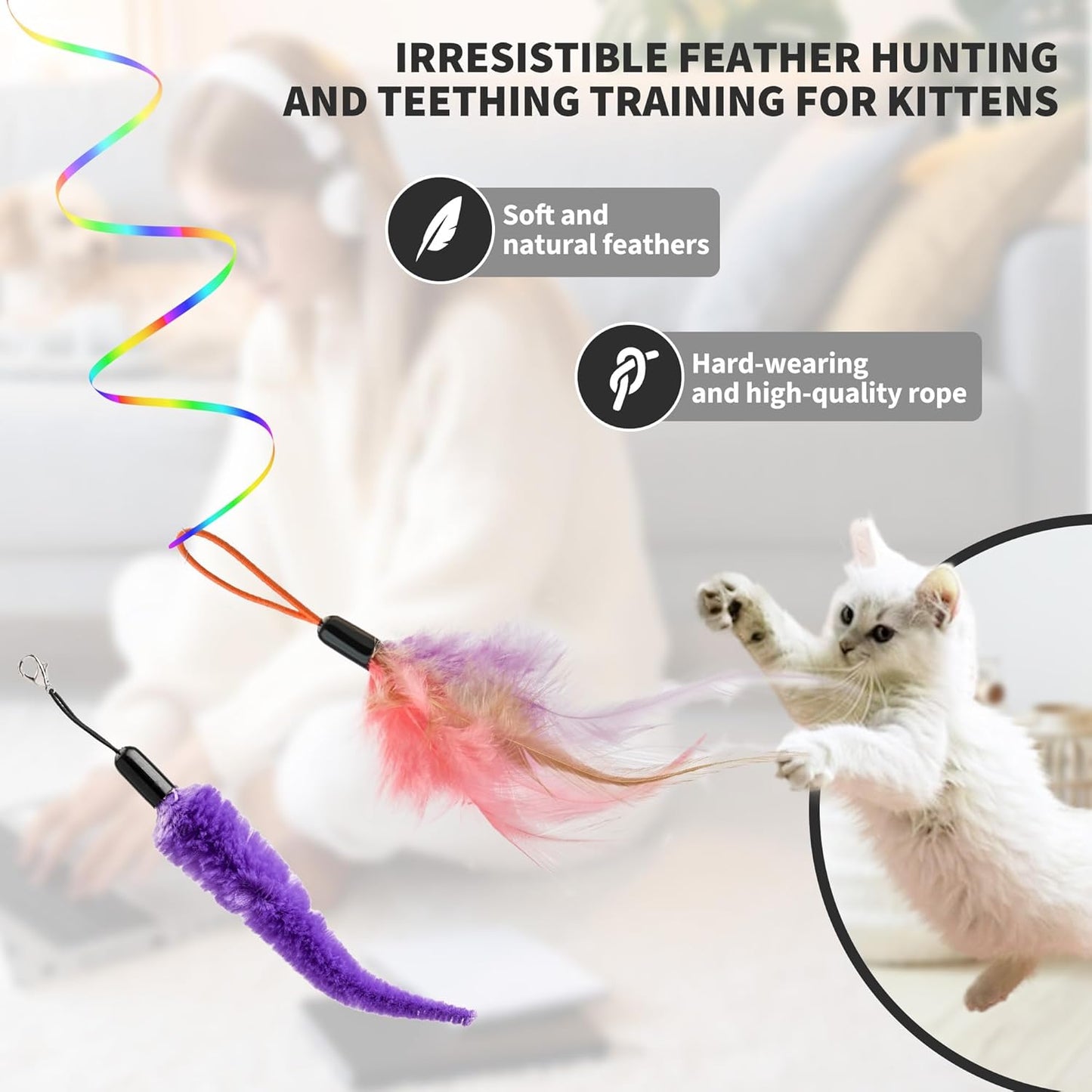Interactive Cat Toys for Indoor Cats,Enrichment Stimulation Toys, Electric Hanging Door Clip Ribbon Kitty Toy,Automatic Play Chase Exercise Feather Toys for Bored Indoor Adult & Kitten Cats（White）