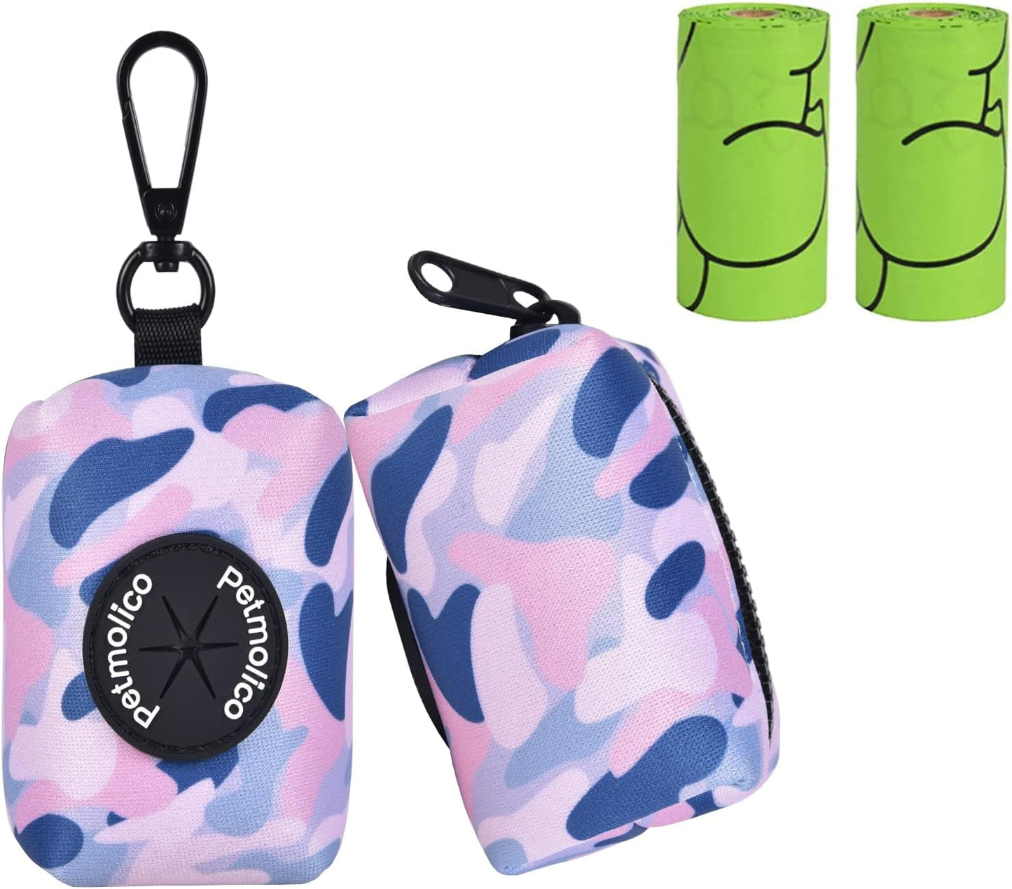 Petmolico Dog Poop Bag Holder Leash Attachment, Waste Bag Dispenser Zippered Pouch, Fits Any Leash, Includes Free Roll of Bags, 2 Pack - Blue Pink Camouflage