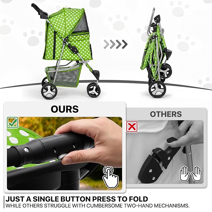 MoNiBloom 3 Wheels Pet Dog Cat Stroller for Small Medium Dogs Cats, Foldable Jogger Stroller w/Storage Basket and Cup Holder, Lawn Green Polka Dots