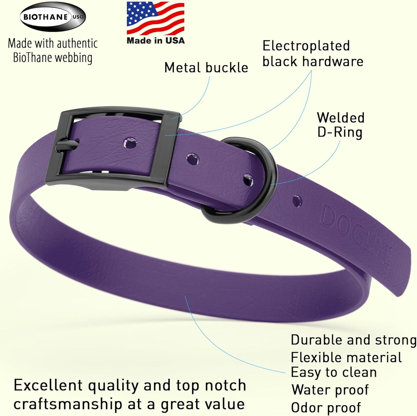 Dogline Biothane Waterproof Dog Collar Strong Coated Nylon Webbing with Black Hardware Odor- Proof for Easy Care Easy to Clean High Performance Fits Small Medium or Large Dogs, Violet Purple