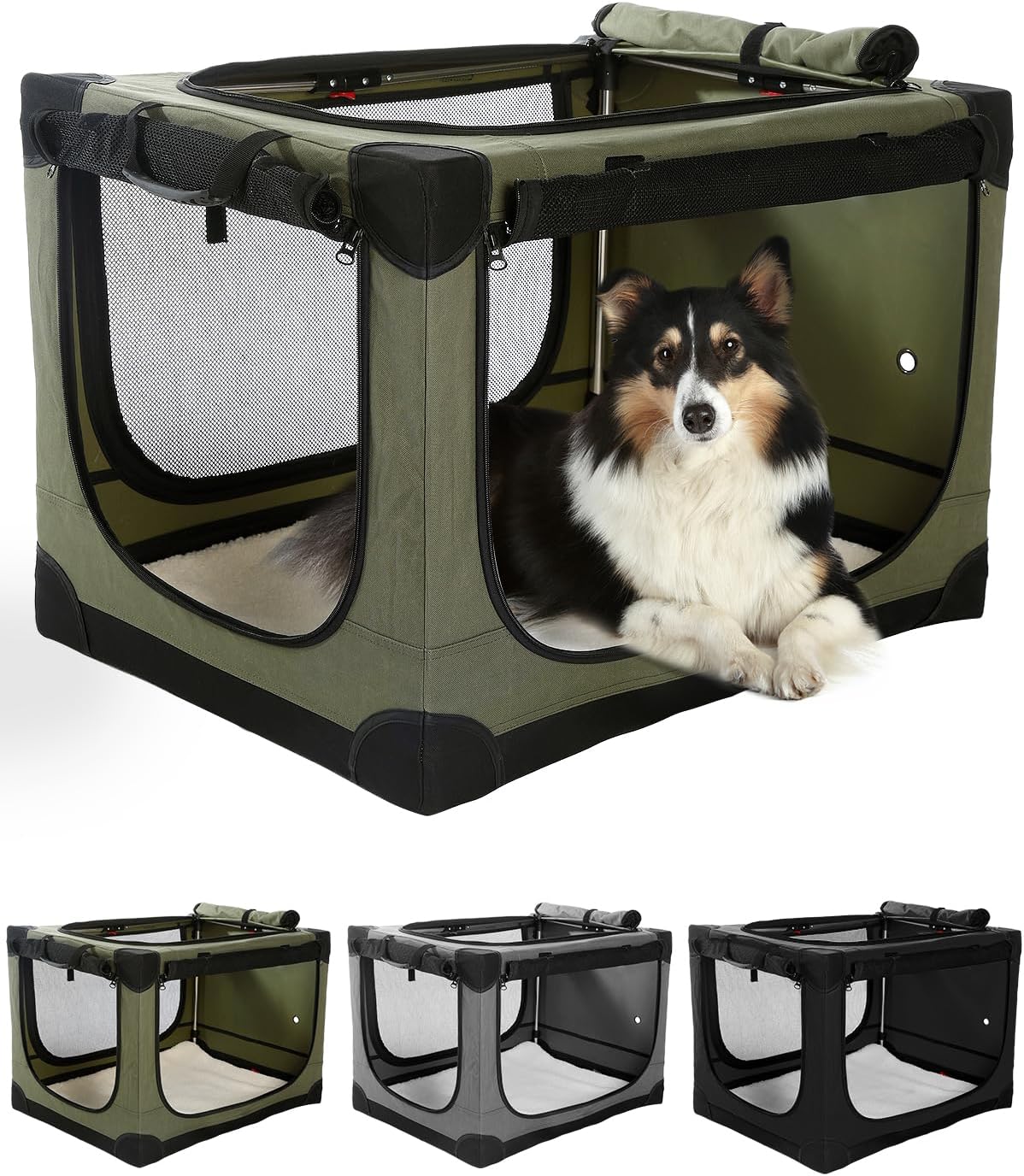 24 Inch Collapsible Travel Dog Crate for Medium Large Dogs, Portable Dog Crate 4-Door Foldable Soft Kennel with Durable Mesh Windows for Indoor & Outdoor Travel, with Storage Bag,Green