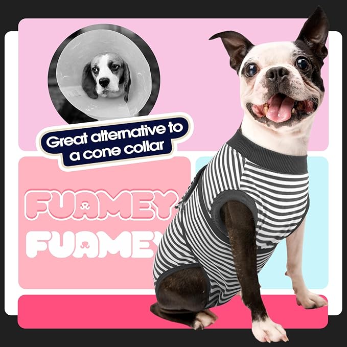 FUAMEY Dog Recovery Suit Male,Dogs Surgery Neuter Suits Puppy Spay Shirts for Female Protect Dog's Skin Anti Licking Abdominal Wounds Doggie Onesie Pet Bodysuit Alternative to Cone Gray Stripes XL