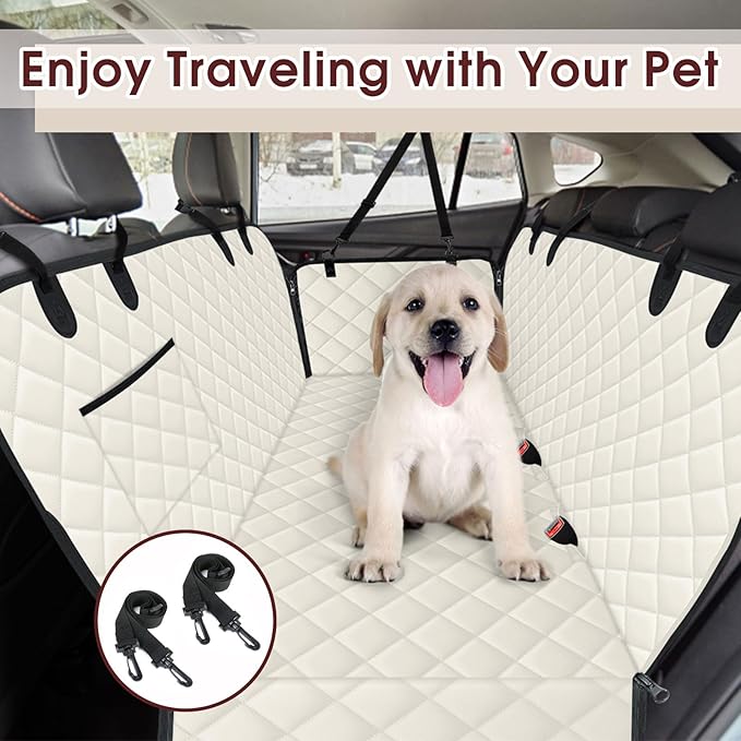 Dog Car Seat Cover, Durable Waterproof Scratch Proof Nonslip Dog Hammock, Pet Back Seat Covers with Pocket for Cars SUVs and Trucks - L, Beige/Black
