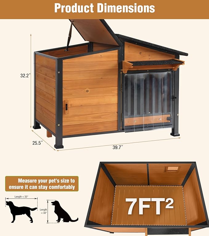 GUTINNEEN Dog House Outdoor with Anti-Chewing Metal Frame, Wooden Dog Kennel with 360° Rotating Feeding Bowl, Weatherproof Roof, for Indoor & Outdoor Use - Natural Wood Color