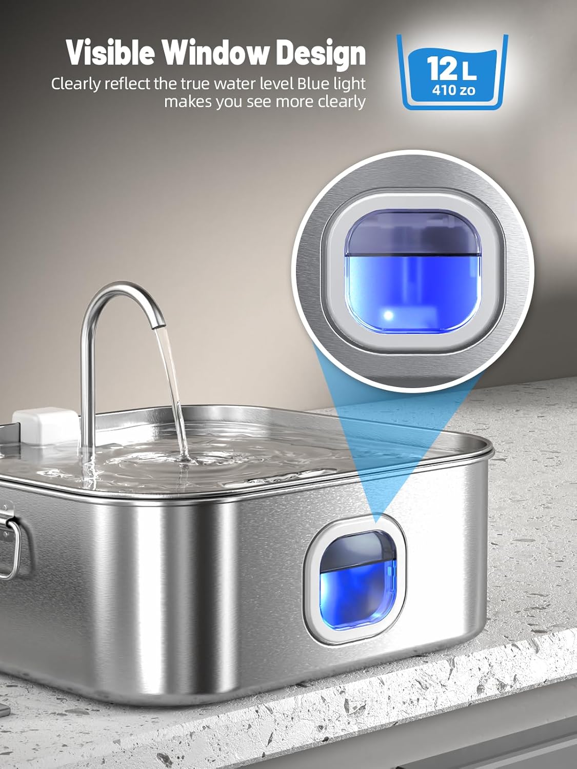 Dog Water Fountain Stainless Steel, 410oz/3.2Gal/12L Large Pet Water Fountain for Large Dog, Dog Water Bowl Dispenser with Water Level Window & LED Indicator, Super Quiet for S-L Dogs and Multi-Pet