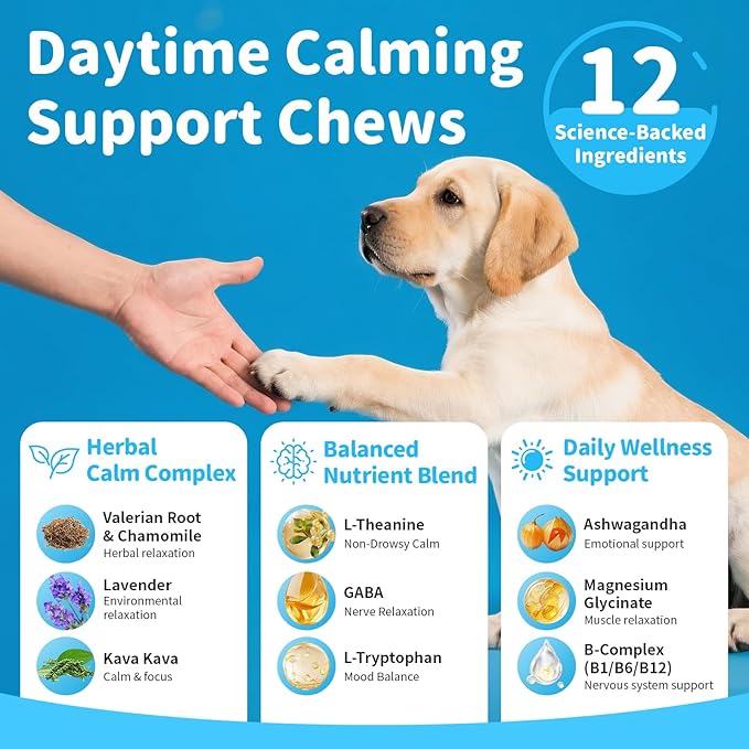 Calming Chews for Dogs – Calming Treats for Anxiety, Stress, Separation, Travel&Thunder, Relaxation & Focus Support with L-Theanine, Valerian Root, Chamomile & Ashwagandha, Bacon Flavor, 90Ct