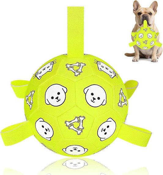 Dog Toys, Durable Dog Soccer Ball with Straps, Interactive Dog Toys, Water Fetch Ball for Tug of War, Puppy Toys for Indoor/Outdoor – Fun Dog Birthday Gift for Small & Medium Dogs, 6 Inch