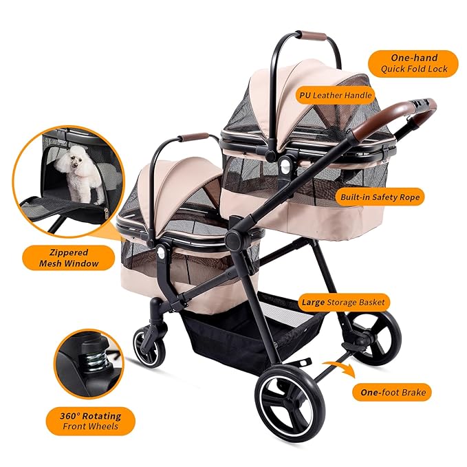 Foldable Double Pet Stroller for 2 Small Medium Cats Dogs, Lightweight Single and Double Integrated Pet Stroller with Detachable Carriers