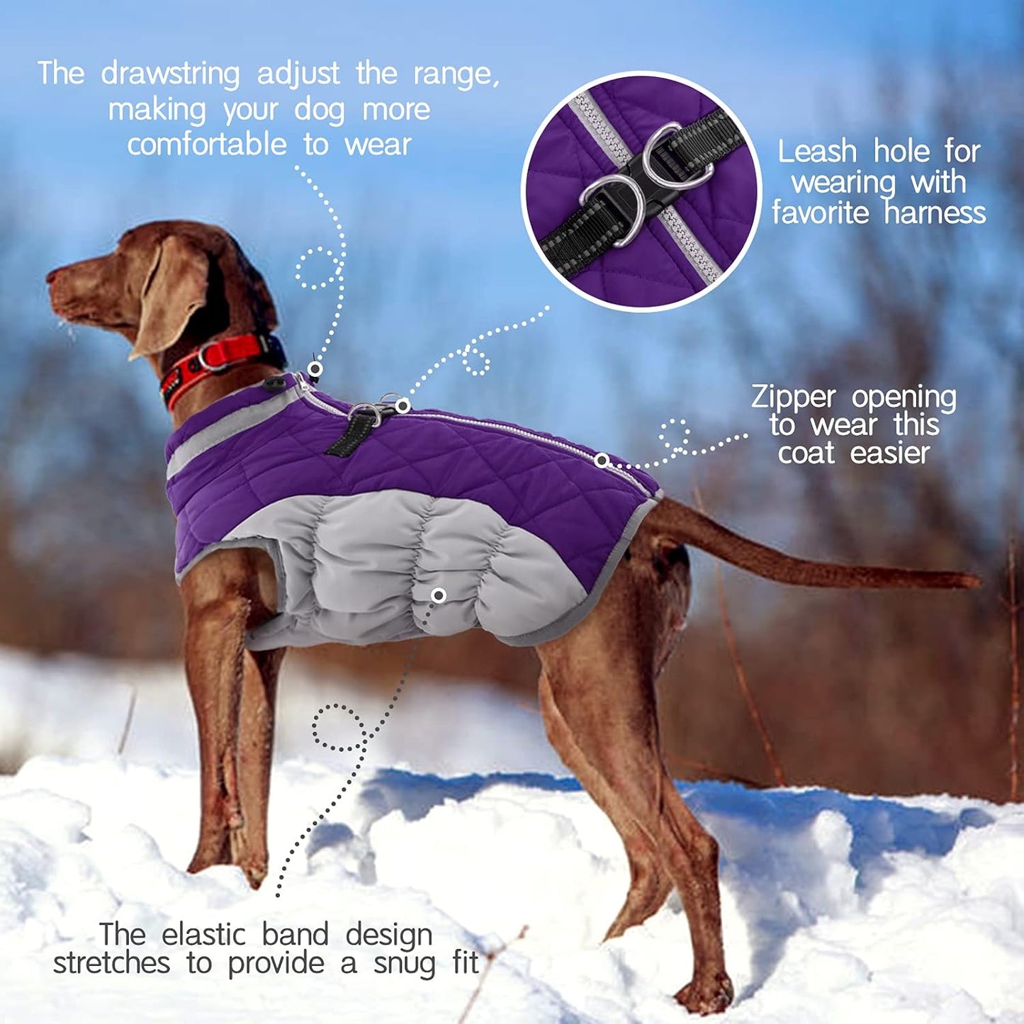 FUAMEY Dog Coat for Large Dogs,Waterproof Dog Winter Jacket with Harness Built in Puppy Cold Weather Coats Reflective Pet Vest with Zipper Warm Fleece Dogs Snowsuit Windproof Purple XXL