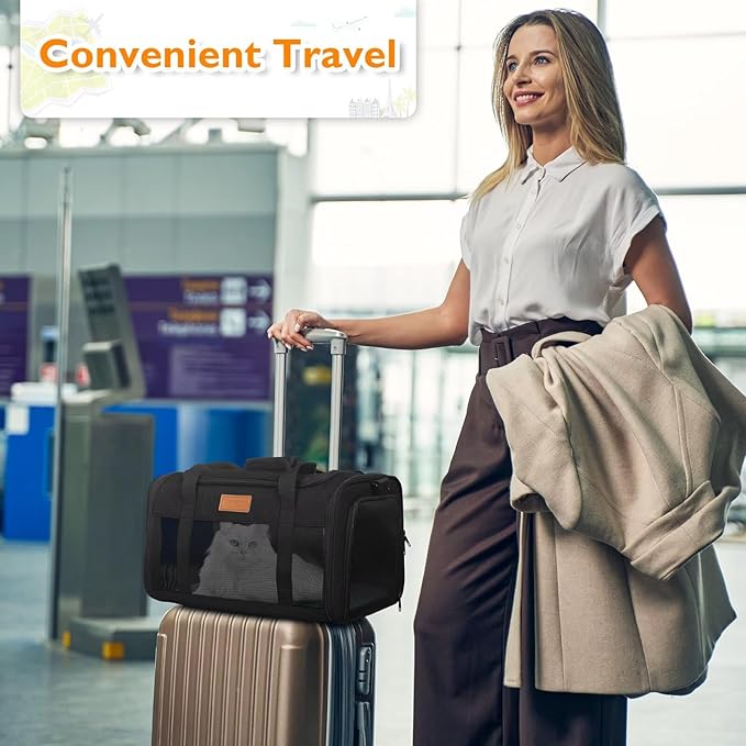 PETUX Pet Carrier Airline Approved, 17"x11"x9.5" Portable Cat Carrier Soft with Anti-Scratch Mesh for Small Cats up to 12 lb, Top Open Breathable Dog Carriers for Puppy up to 10 lb (Black)