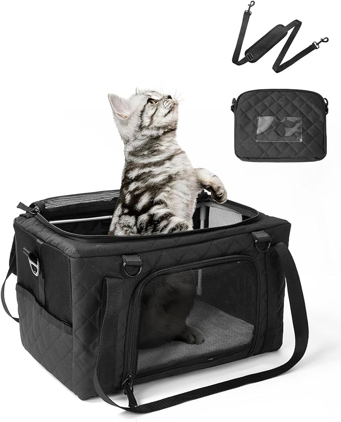 PETUX Small Cat Carrier - Pet Carrier Airline Approved for Kitten Under 10 lb - Escape-Proof, Foldable & Portable Cat Carriers for Travel, Vet Visits with Removable Bag, Safety Buckle ＆ Leash - Black